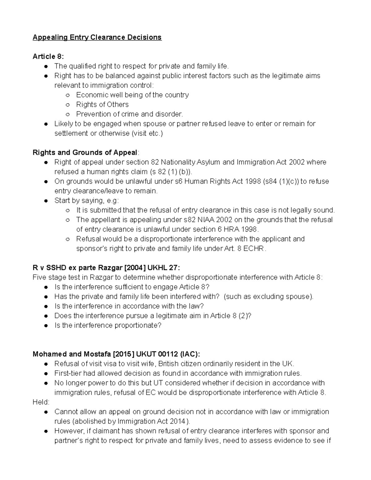 Appealing Entry Clearance Decisions Article 8 The qualified right to