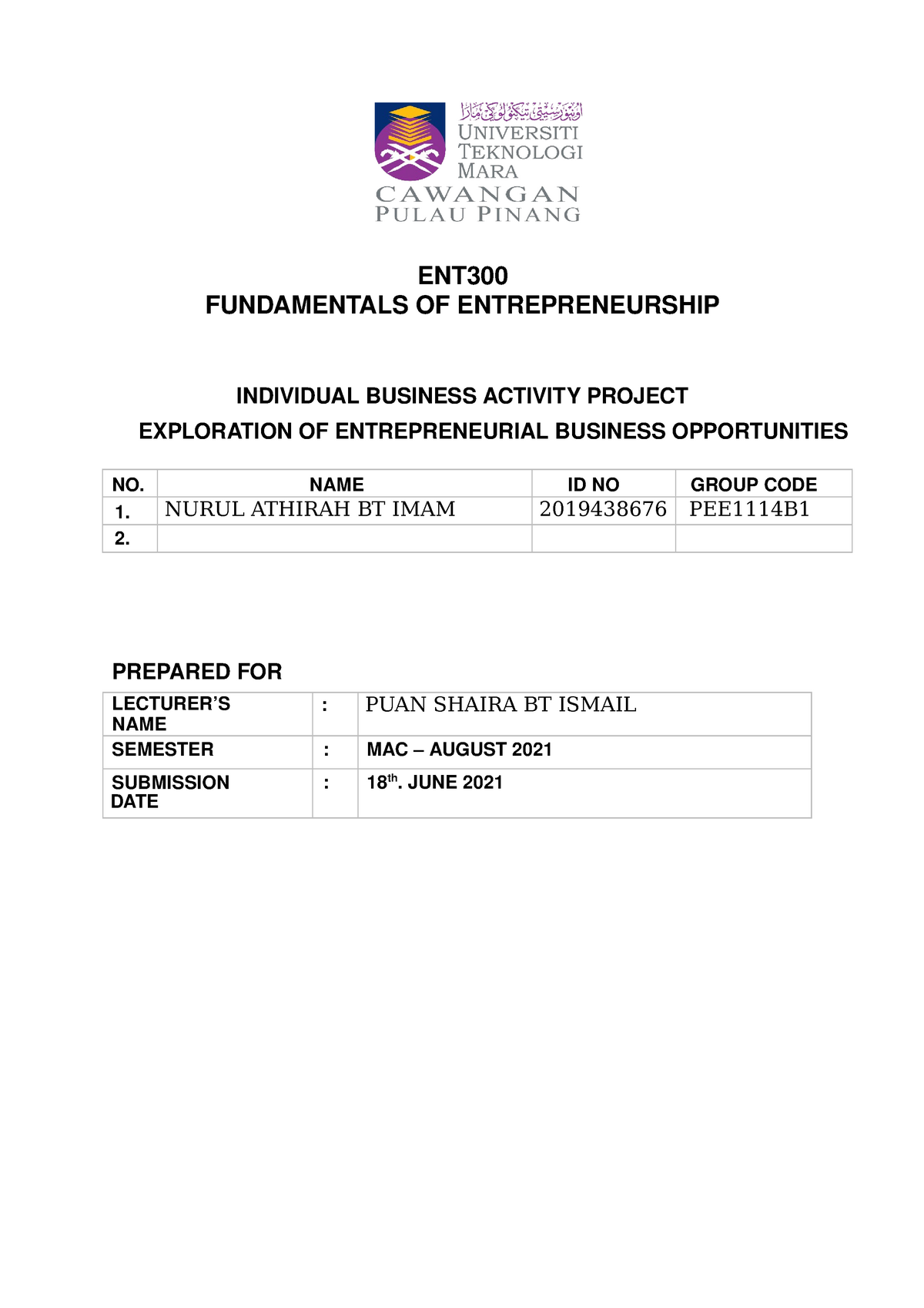 Report Fundamentals Of Entrpreneurship Study Case - ENT FUNDAMENTALS OF ...