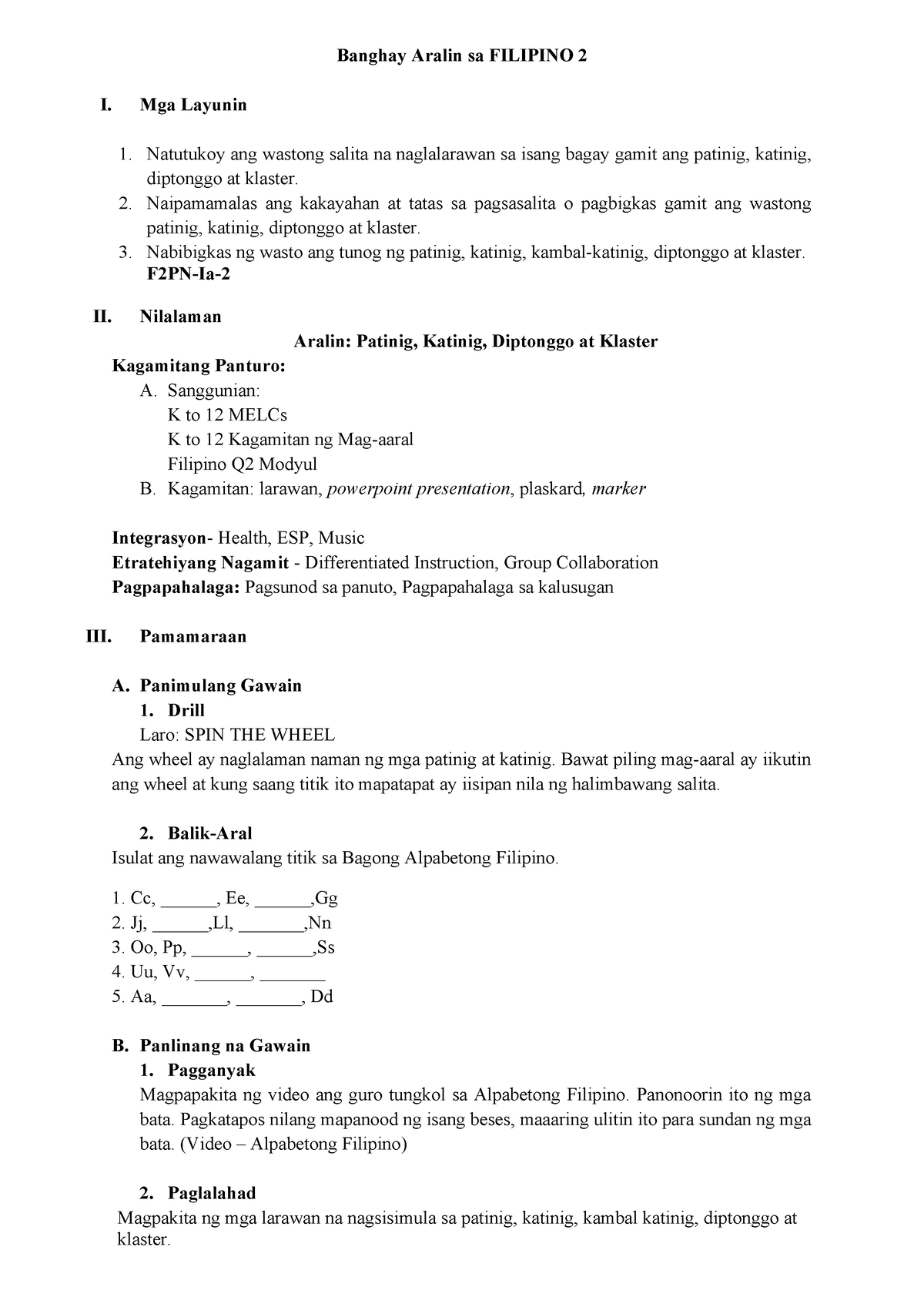 1 Cot Filipino Grade 2 Lesson Plan For Classroom Observation Banghay Aralin Sa Filipino 2 I