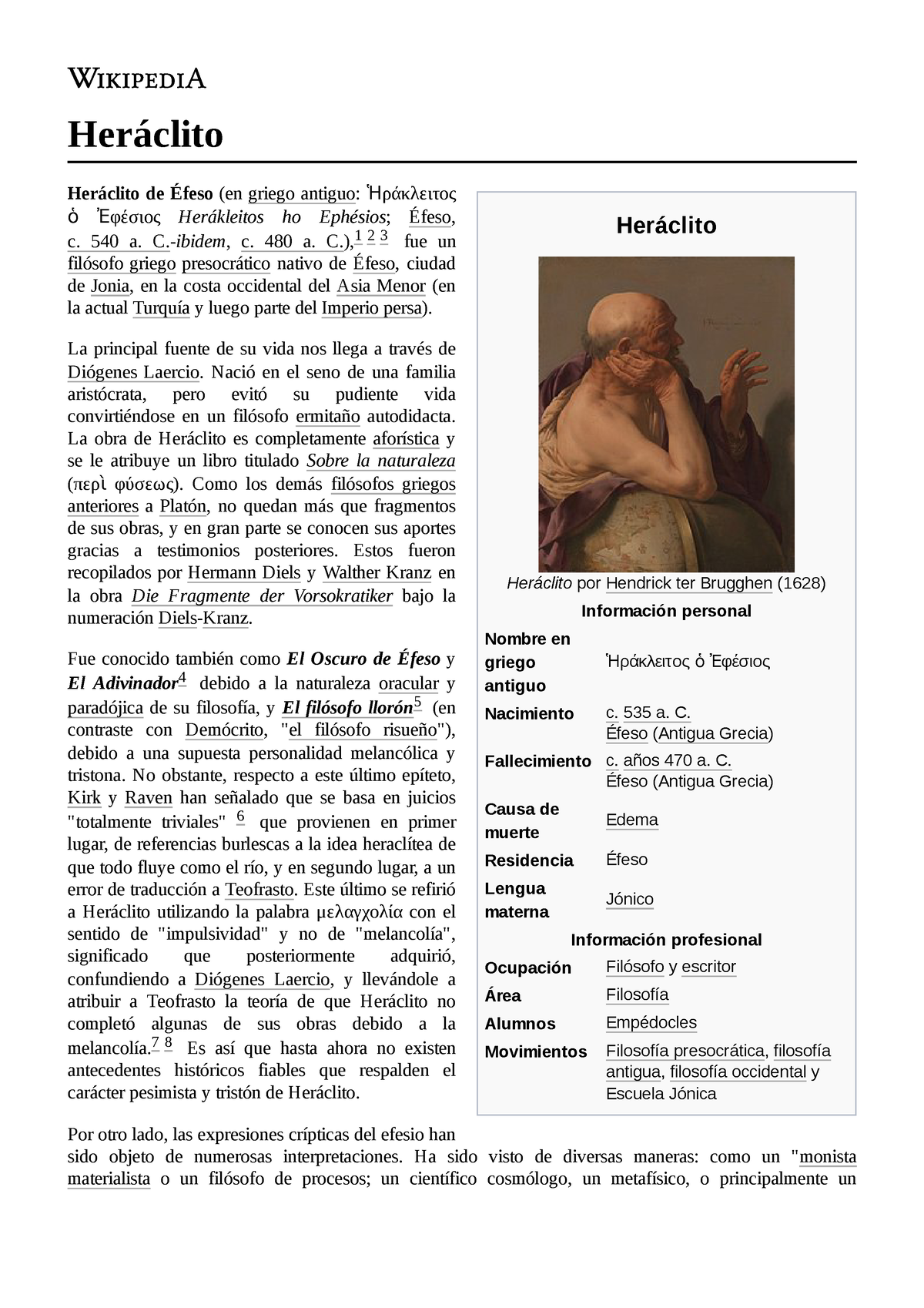 Heráclito - buenos docs - Heráclito Heráclito por Hendrick ter Brugghen  (1628) Información personal - Studocu