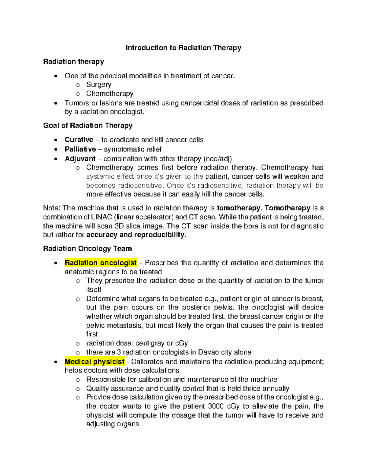 RT 313 Prelim Notes - Introduction to Radiation Therapy Radiation ...