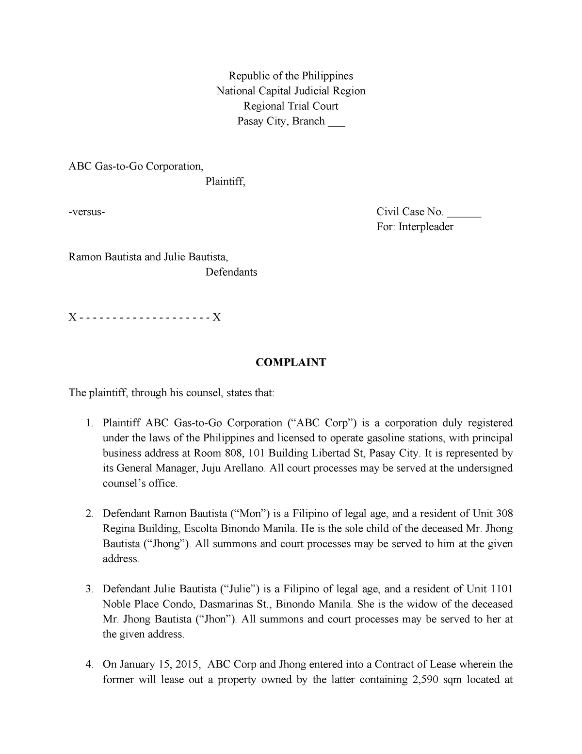 Complaint for Interpleader - Republic of the Philippines National ...