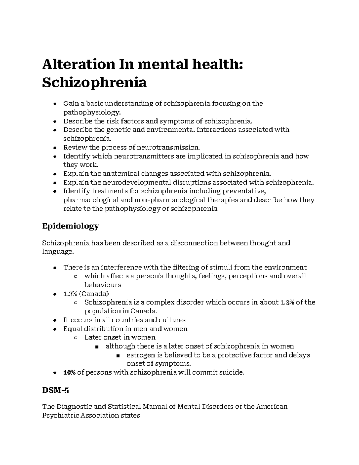 Alteration In mental health: Schizophrenia mod notes - Alteration In ...