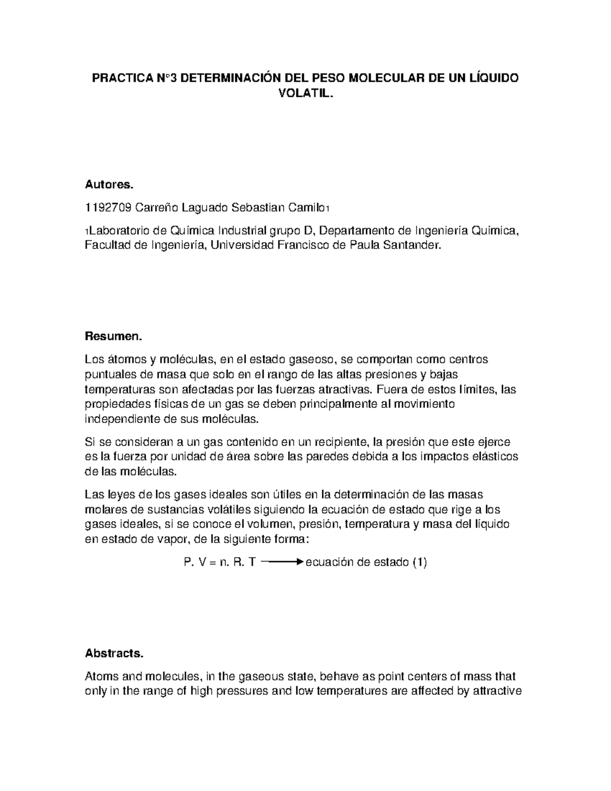 Informe De Laboratorio N°3 Determinación Del Peso Molecular De Un Líquido Volatil Practica N