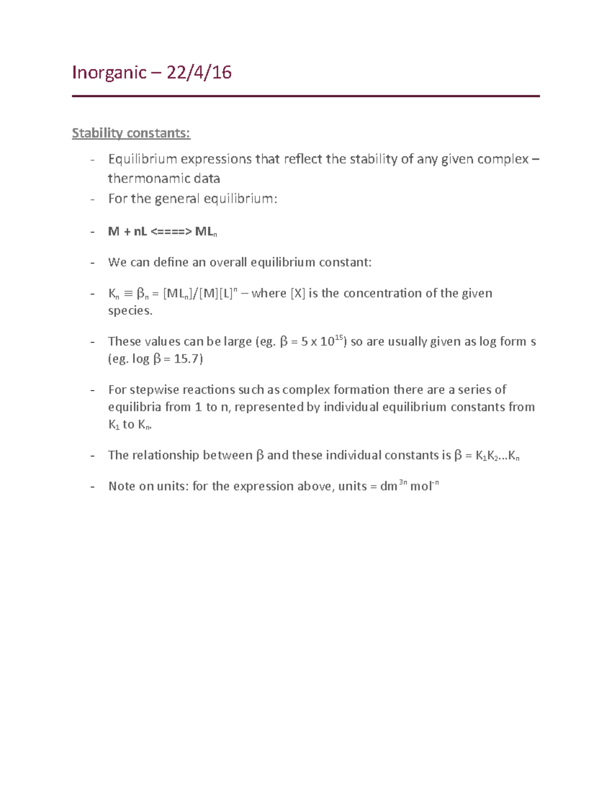 Inorganic – lecture 5 - Inorganic – 22/4/16 Stability constants ...