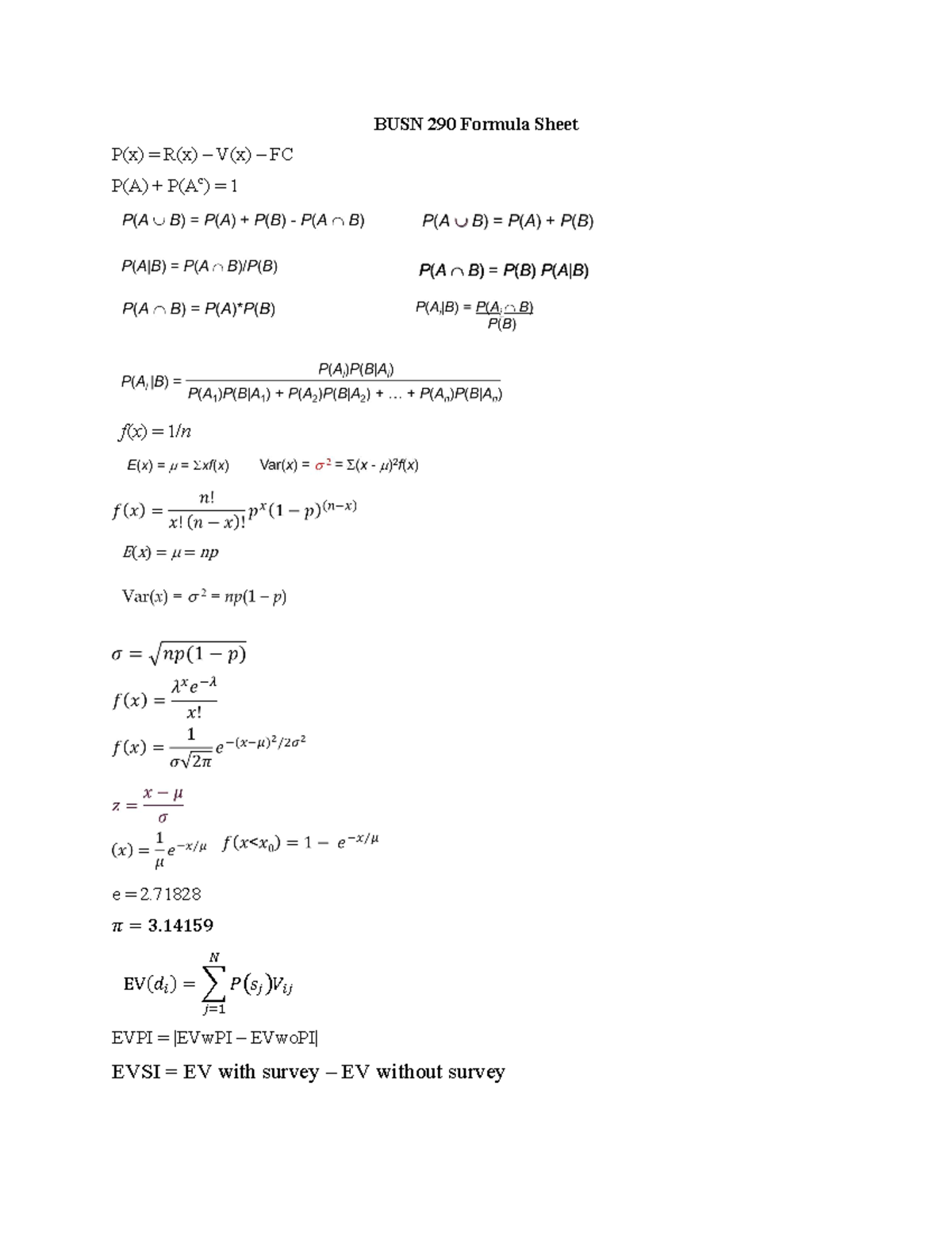 BUSN 290 Formula Sheet - QMS 102 - BUSN 290 Formula Sheet P(x) = R(x ...