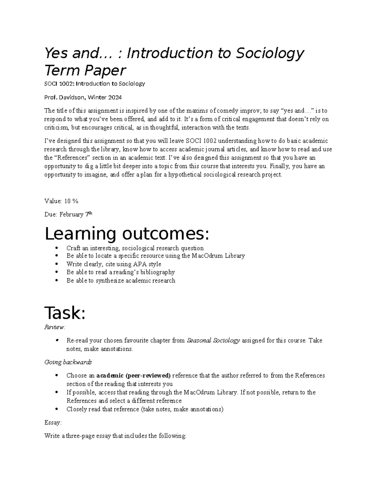 SOCI1002Yes And Winter 24 - Yes and... : Introduction to Sociology Term ...