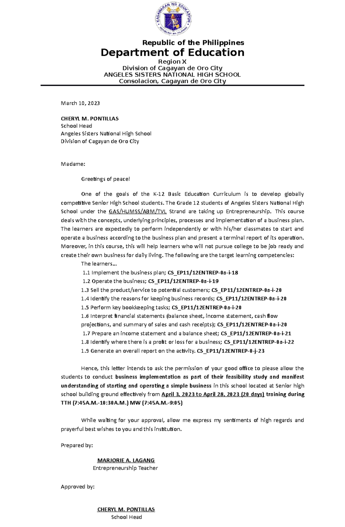 Letter for Business Plan Implementation - Republic of the Philippines ...