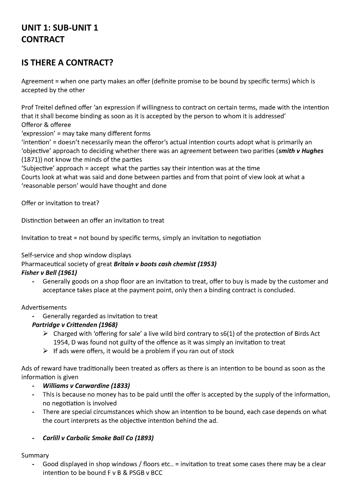 Contract UNIT 1 SUB-UNIT 1 - Summary Notes - UNIT 1: SUB-UNIT 1 ...