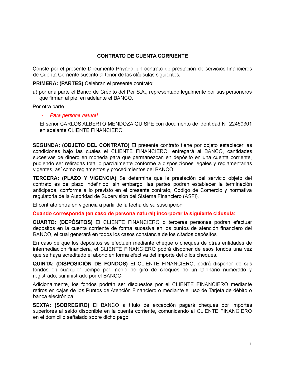 Modelo DE Contrato Bancario - CONTRATO DE CUENTA CORRIENTE Conste Por ...