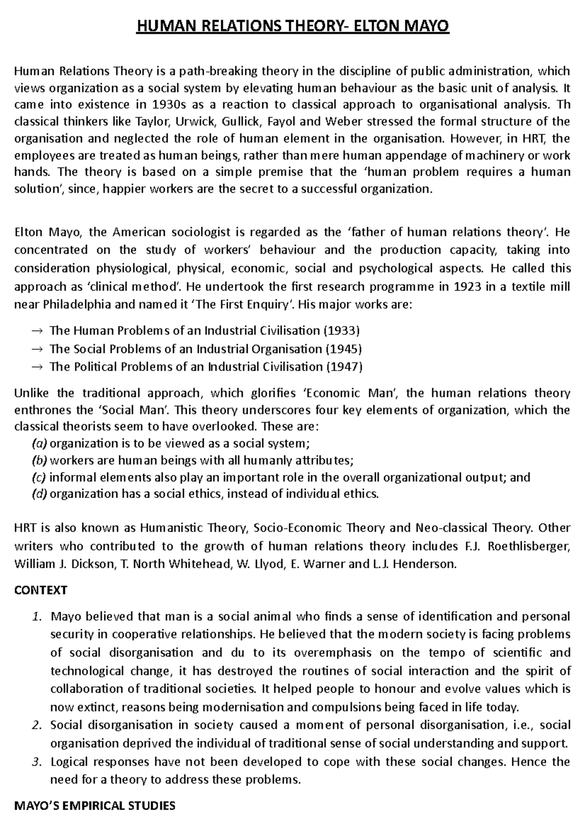 human relations theory case study