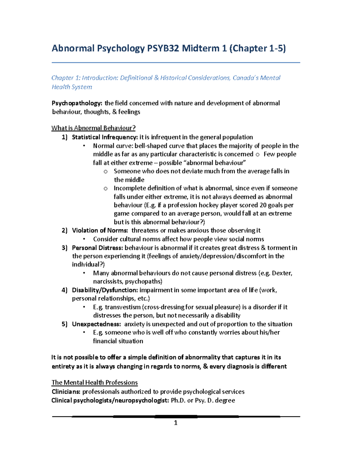 Abnormal Psychology PSYB32 Midterm 1 Chapter 1-5 - if a profession ...