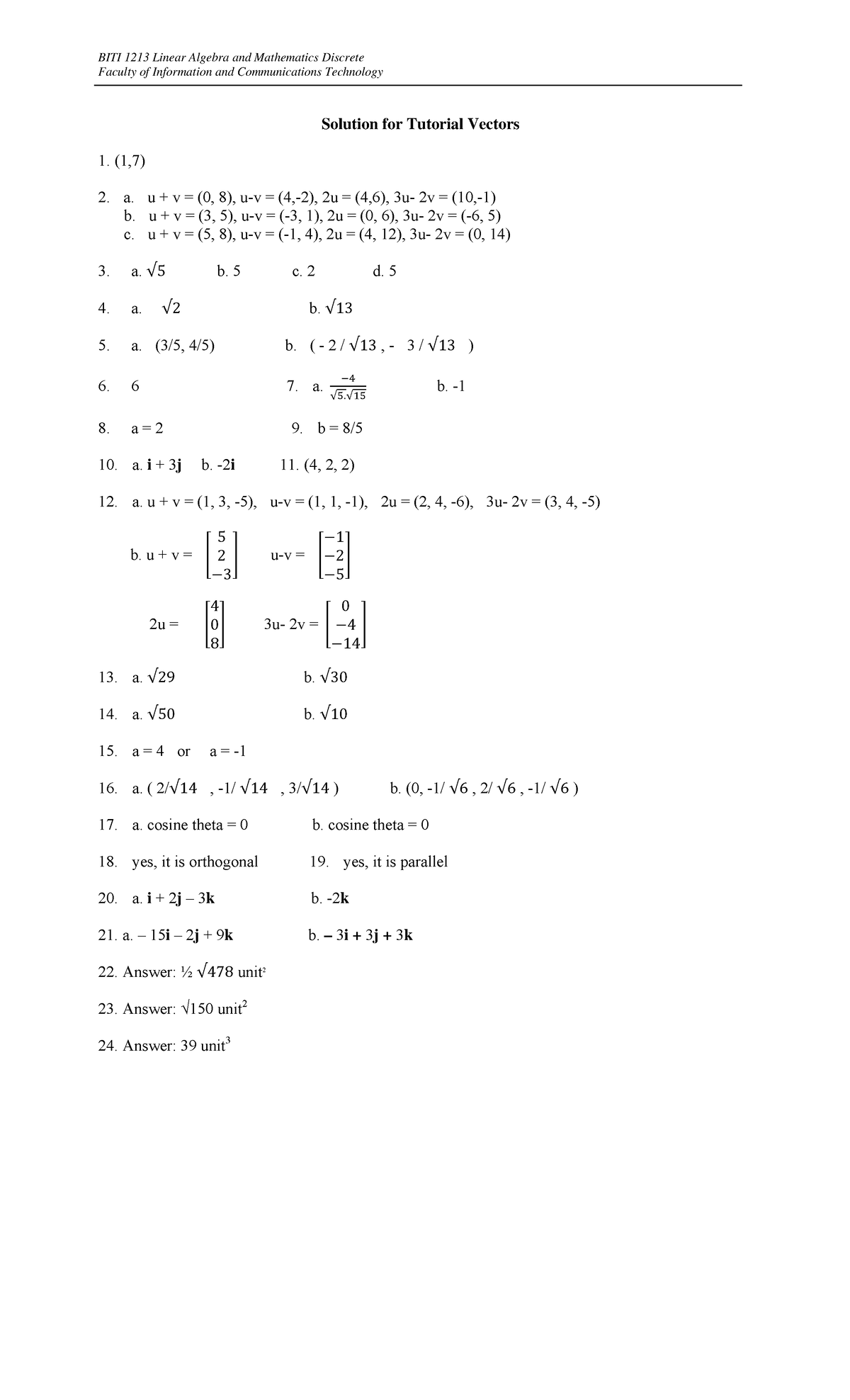 Tutorial 4 Vectors Solution - BITI 1213 Linear Algebra and Mathematics ...