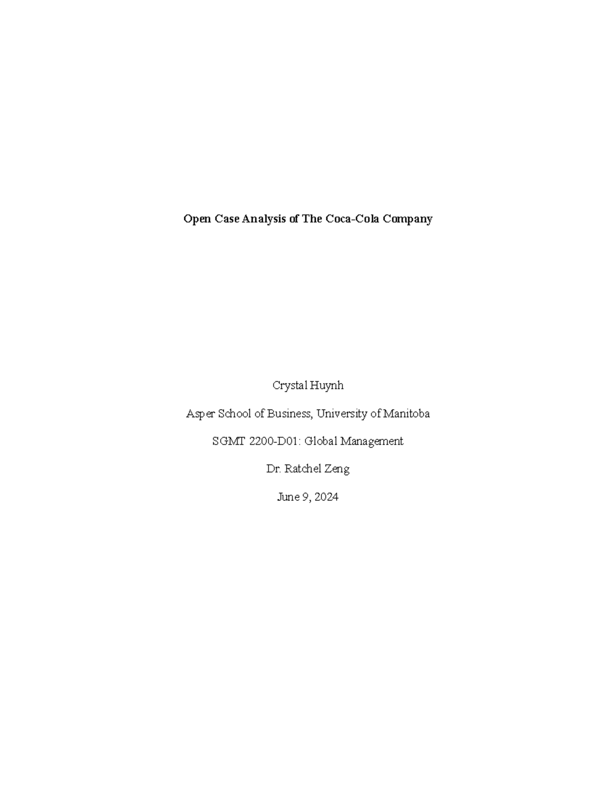 Coca-Cola Draft - Individual assignment that we were allowed to pick to ...