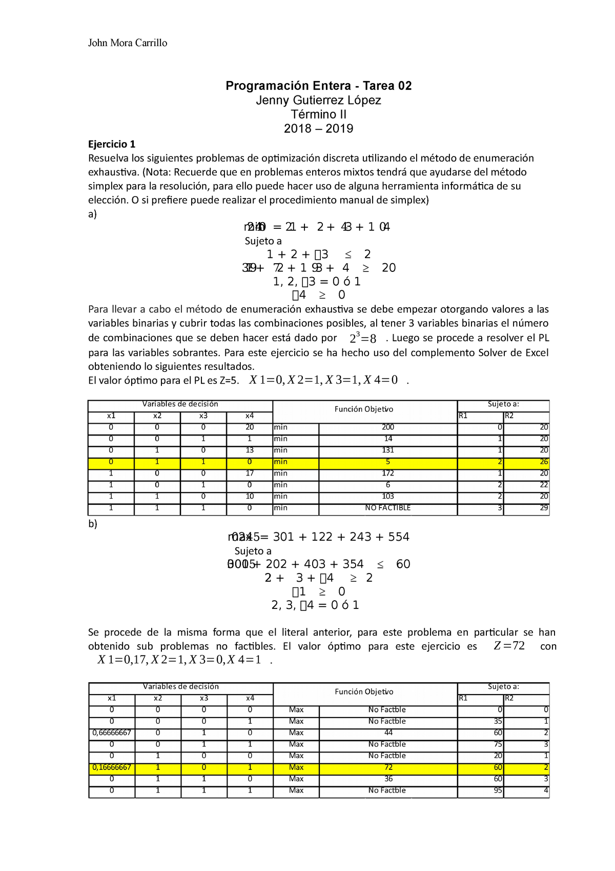 Tarea 2 - Ejercicios resueltos de programación entera. - Programación Entera  - Tarea 02 Jenny - Studocu