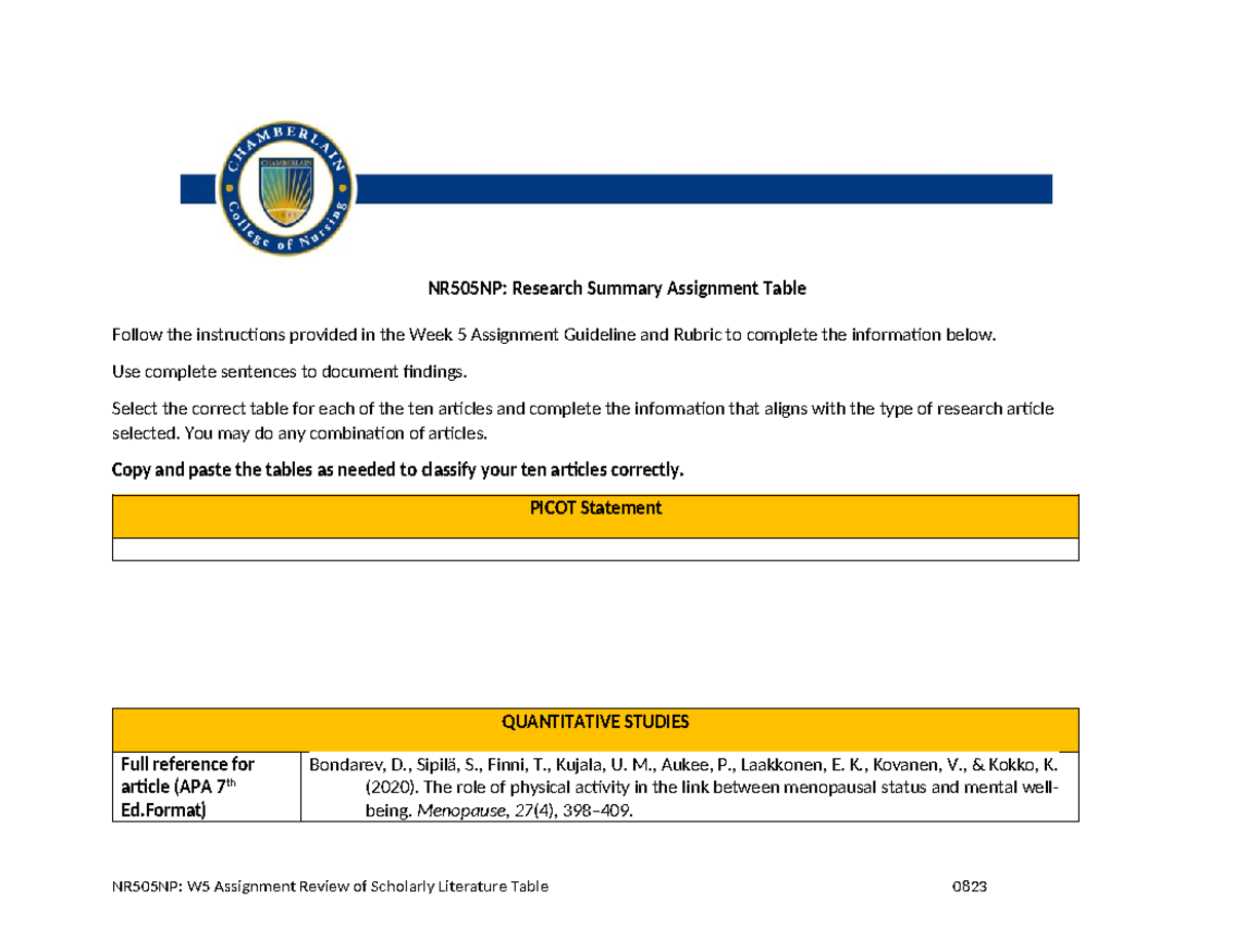 NR505NP Week 5 Research Summary Table Template V2 10 23 - NR505NP ...