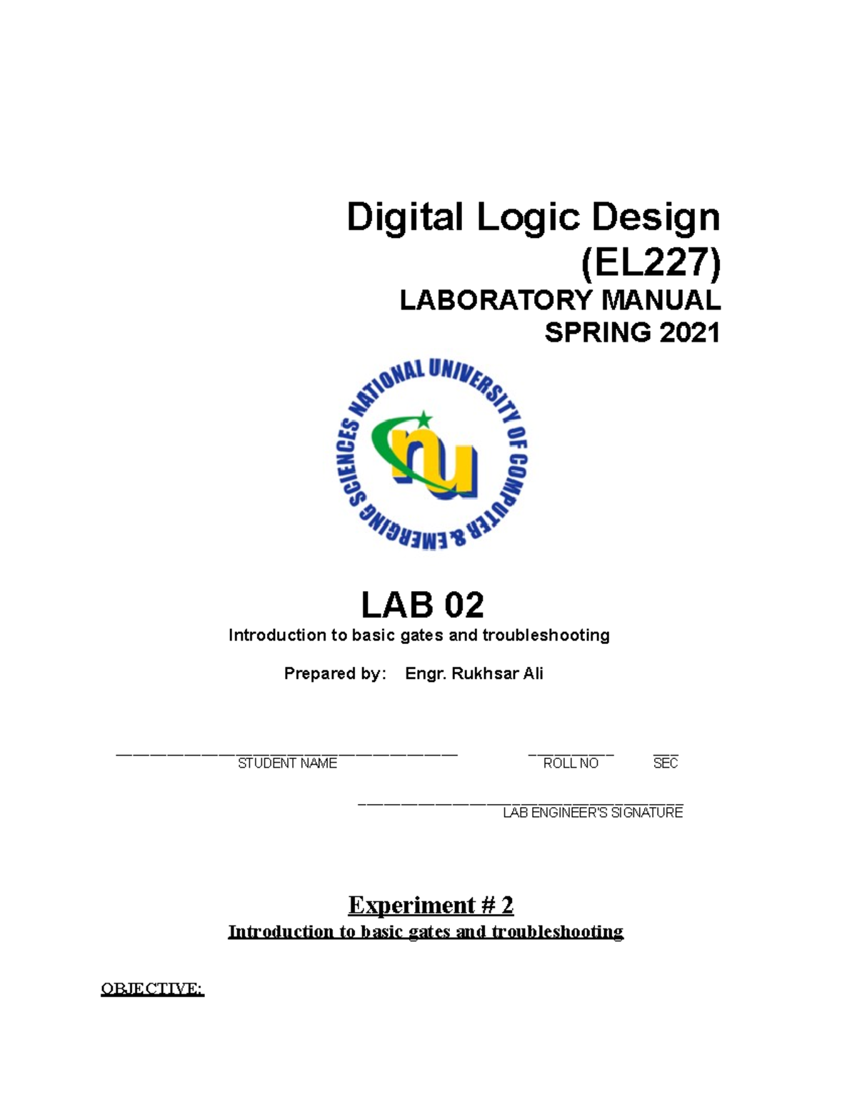 Lab 2 - Lab Solution - Digital Logic Design (EL227) LABORATORY MANUAL ...