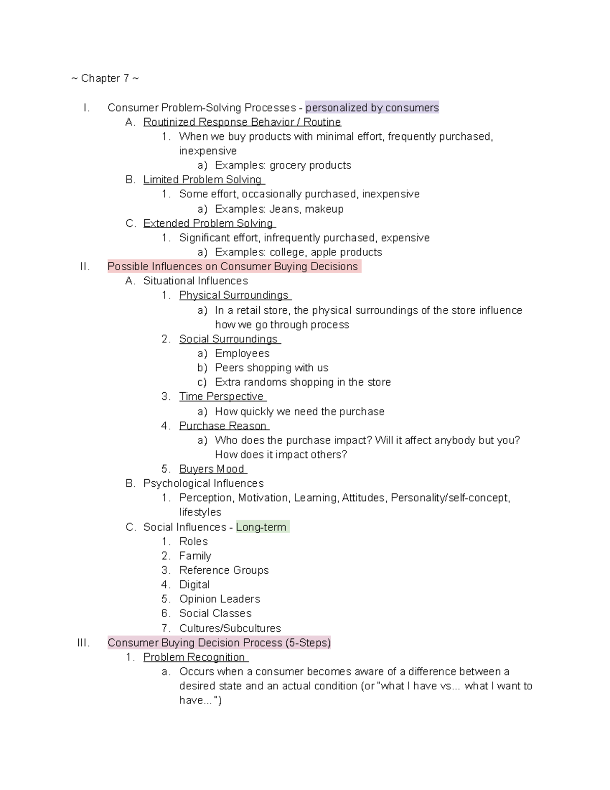 MKT 220 - Notes II - Marketing 220 - ~ Chapter 7 ~ I. Consumer Problem ...