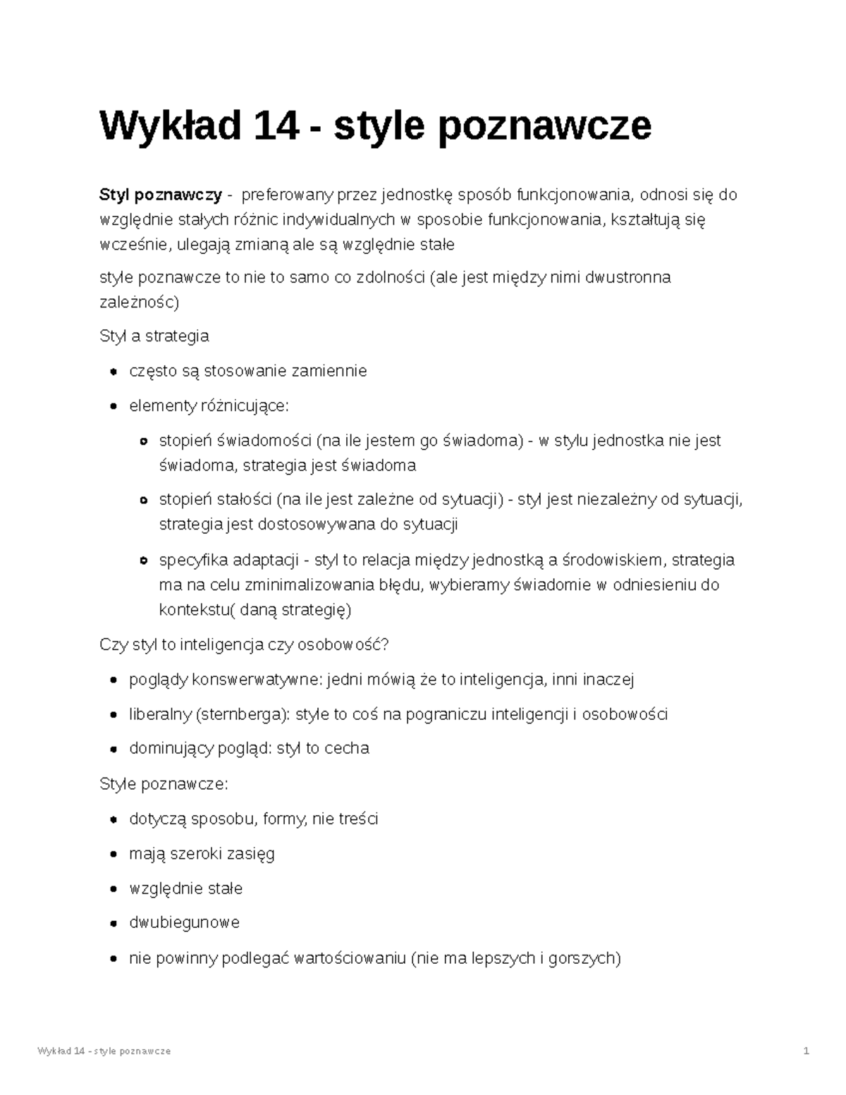 Wykład 14 - style poznawcze - Studocu