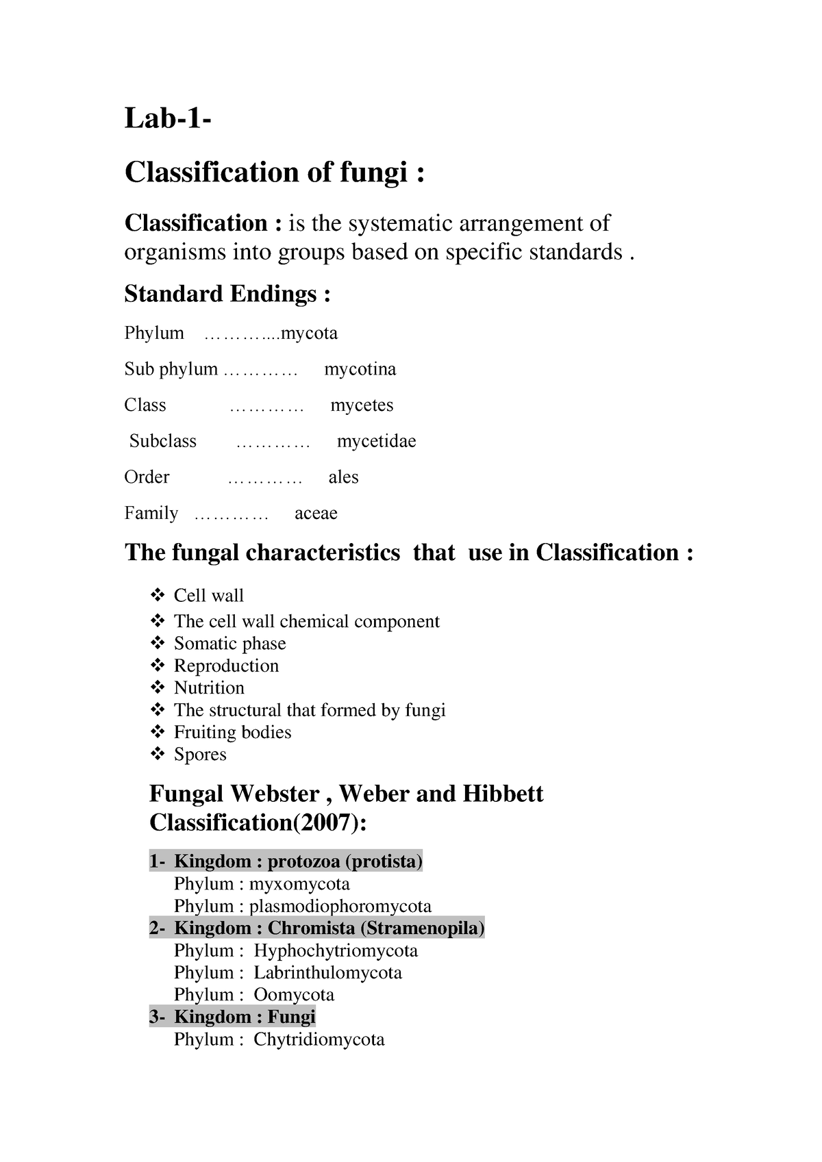 Classification of fungi lab 1 - Lab-1- Classification of fungi ...