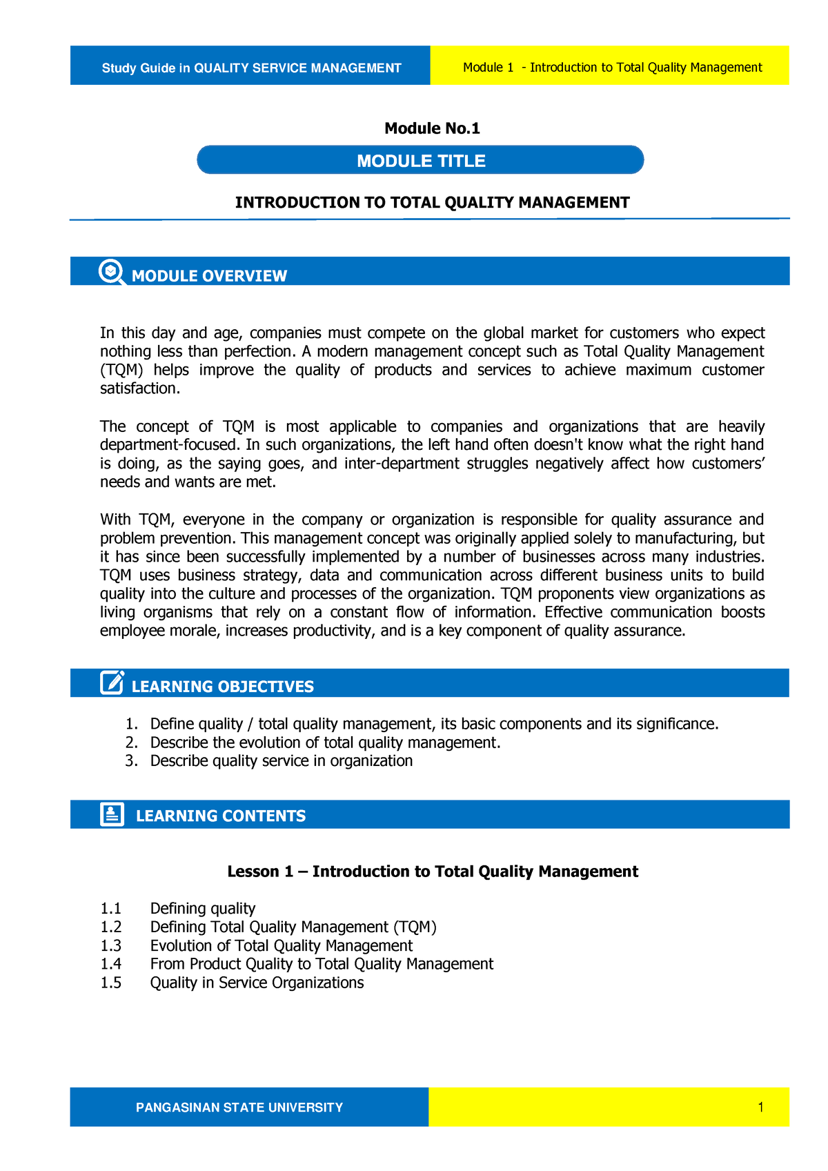 Module 1- Introduction TO Total Quality Management - PANGASINAN STATE ...