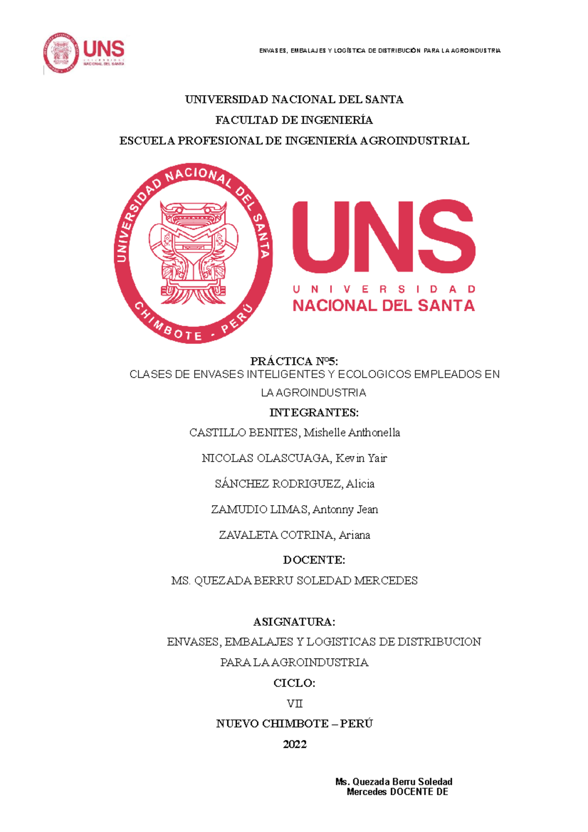 Practica N°5 envases - dsadas - UNIVERSIDAD NACIONAL DEL SANTA FACULTAD ...