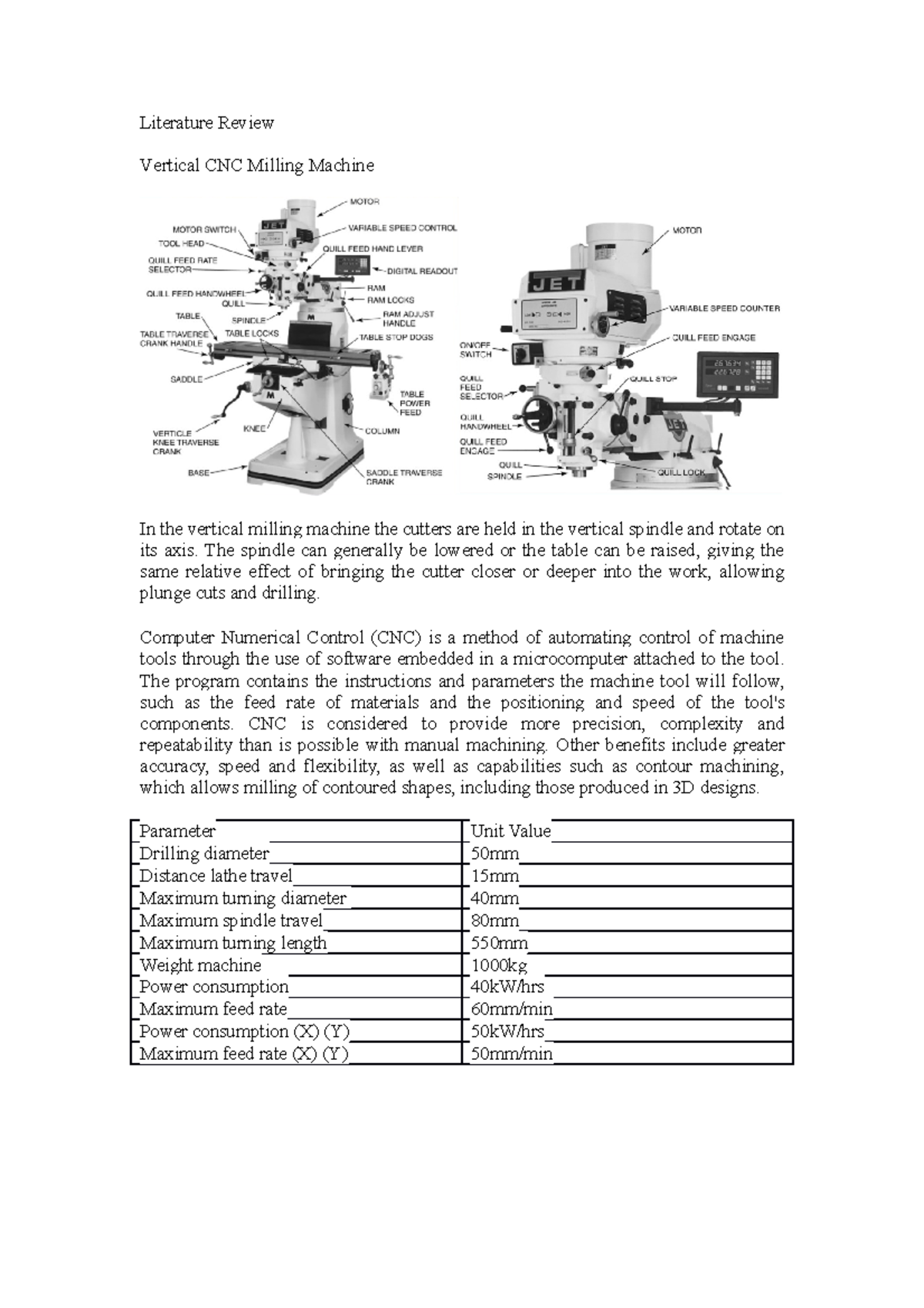 Literature Review Milling Machine Literature Review Vertical CNC