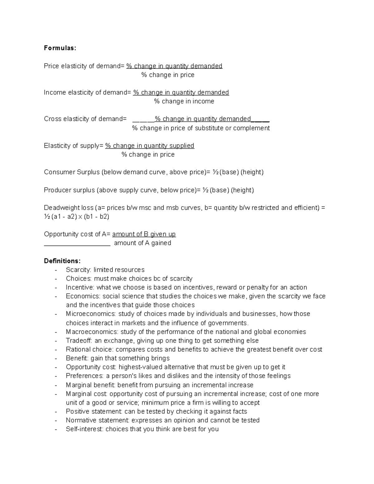 Test 1 Study Guide ECON - Formulas: Price elasticity of demand ...