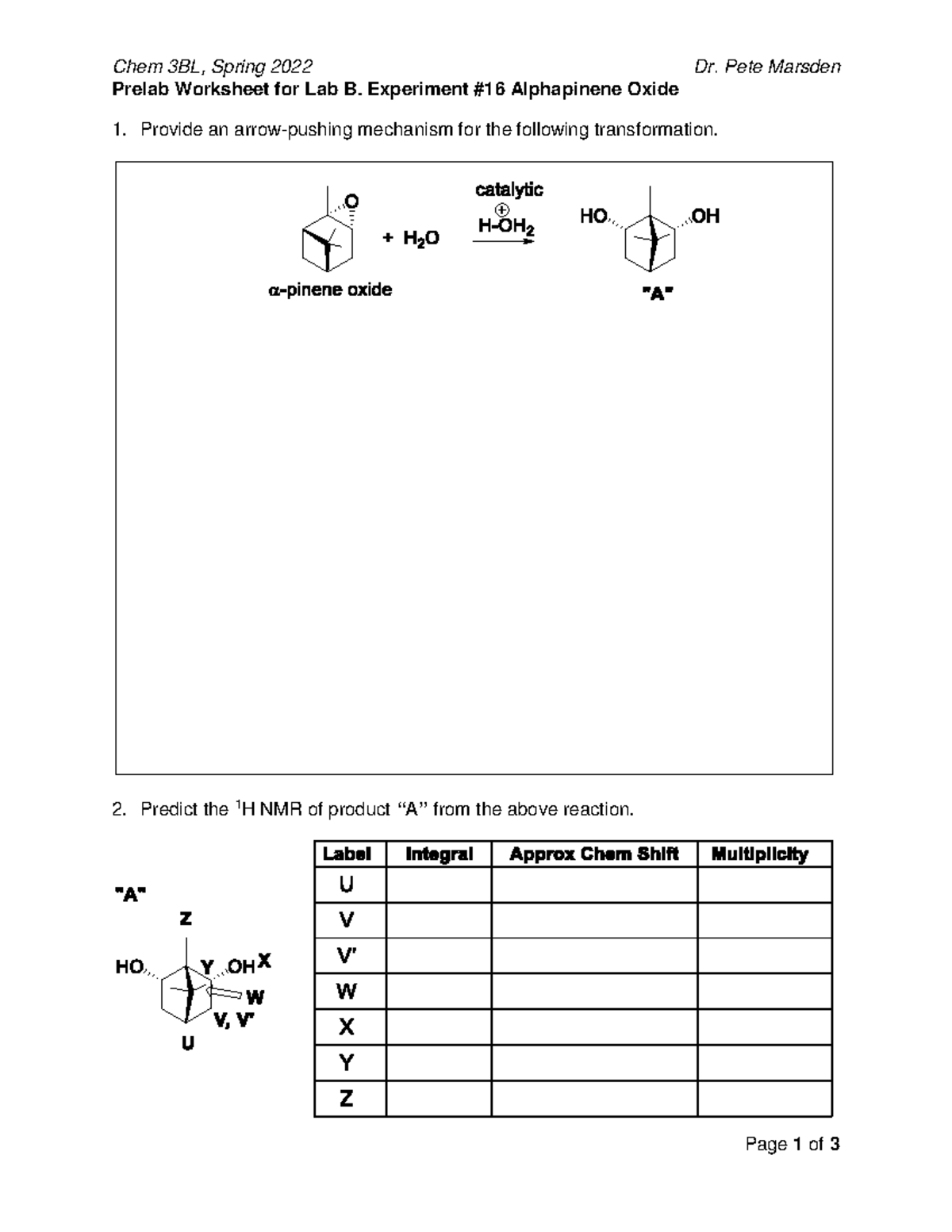 B. Prelab - Alphapinene (Chem 3BL - Spring 2022) - Chem 3BL, Spring ...