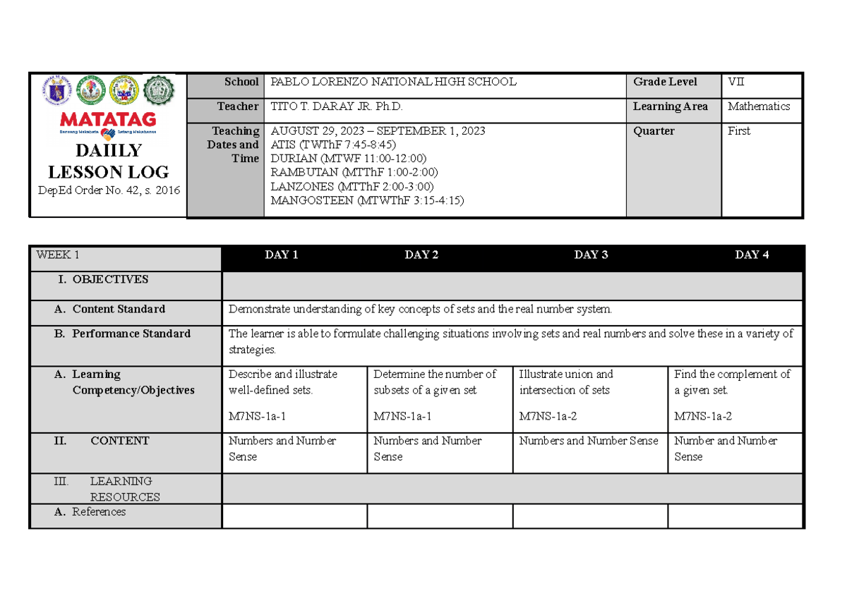 Daiily Lesson LOG Dep Ed Order No - DAIILY LESSON LOG DepEd Order No ...