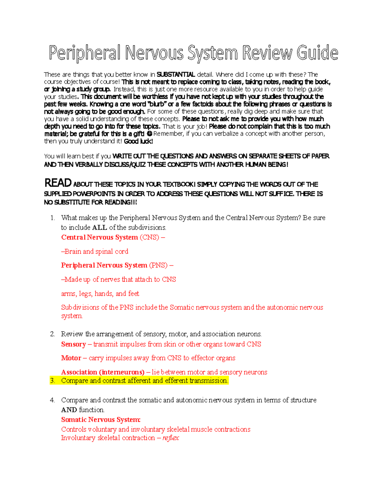Peripheral Nervous System Review Guide - These are things that you ...