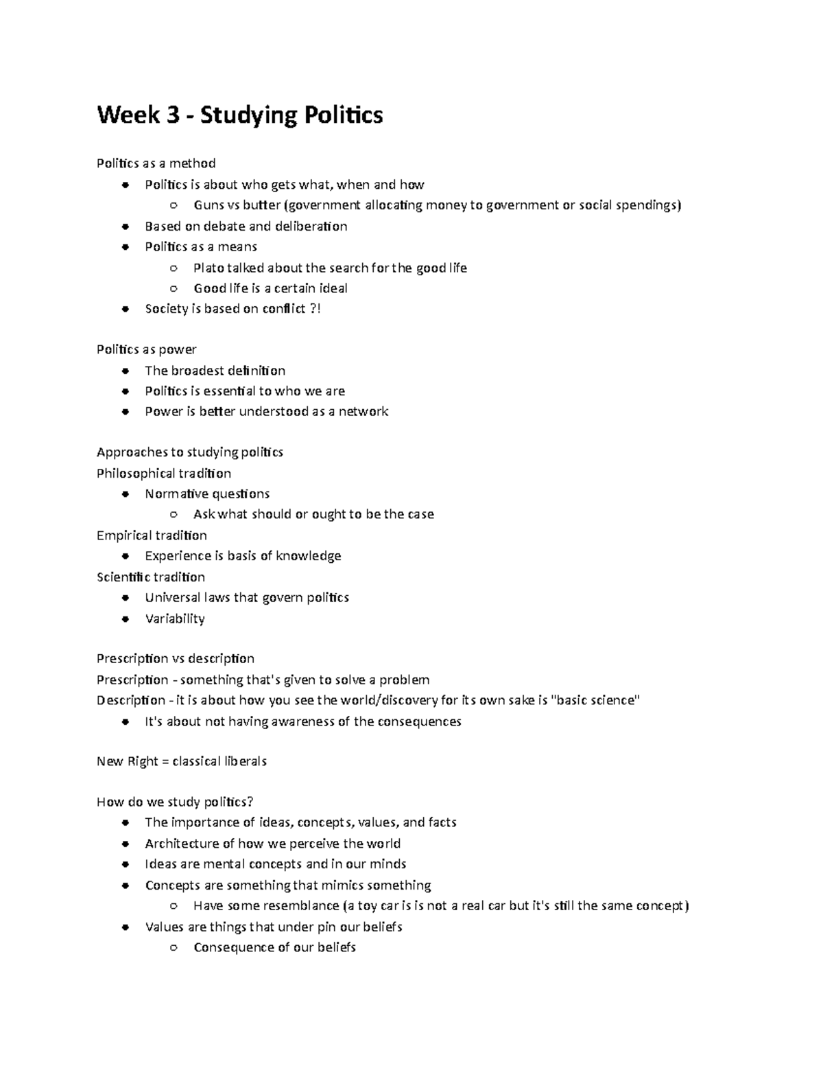 POLS 110 Week 3 Notes - Week 3 - Studying Politics Politics As A Method ...