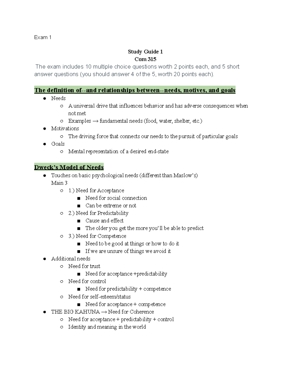 COM 315 Study guide - Exam 1 Study Guide 1 Com 315 The exam includes 10 ...