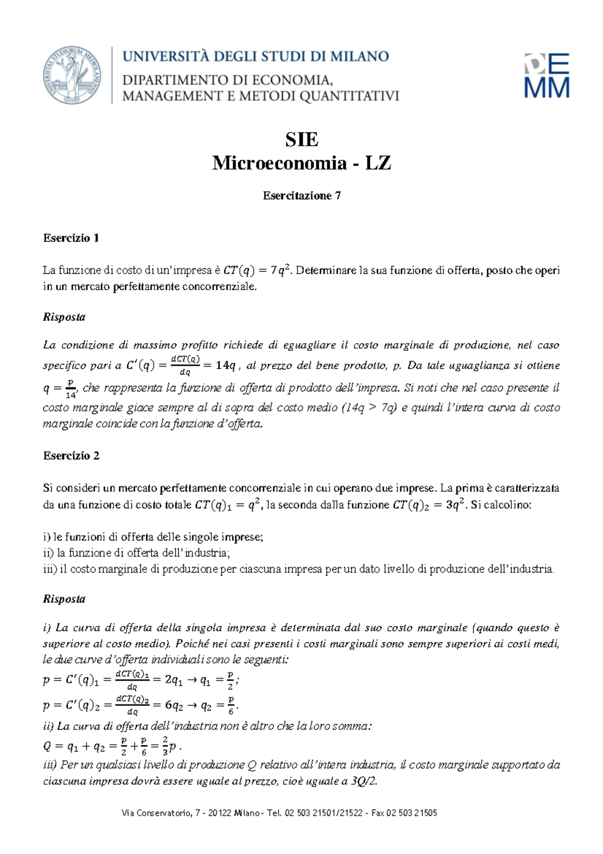 SIE Microeconomia Esercitazione 7 soluzioni - SIE Microeconomia - LZ ...