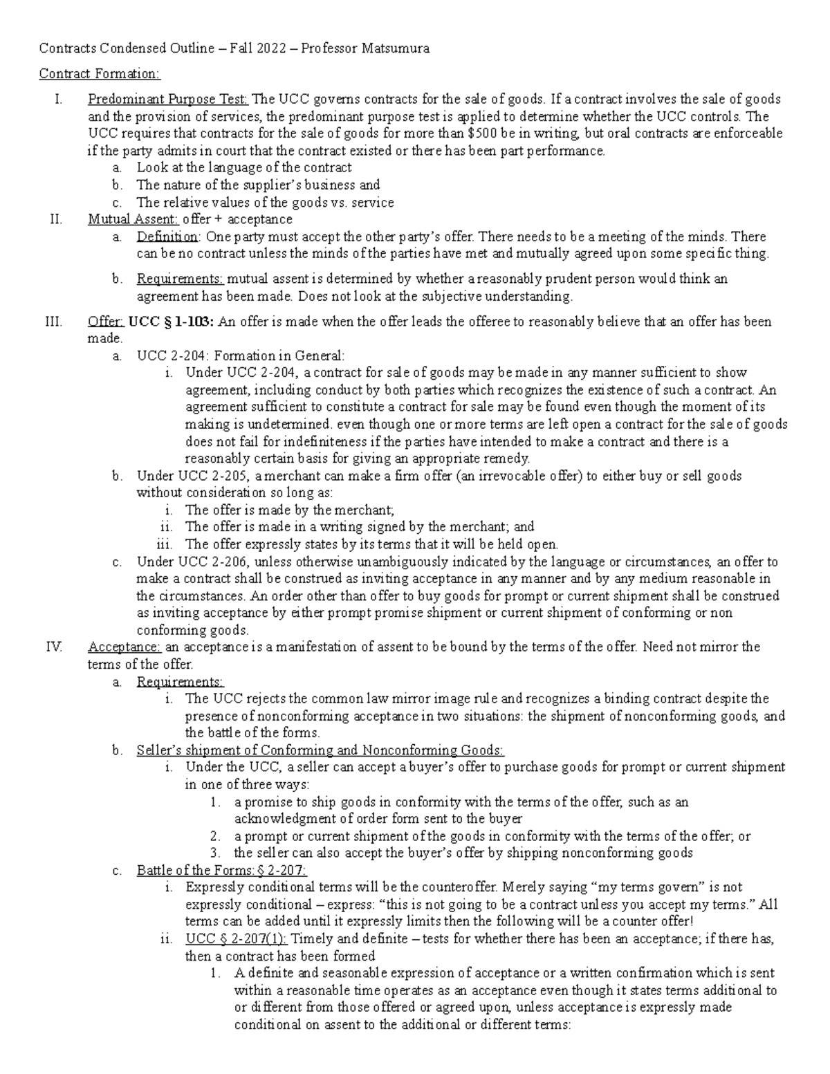 UCC Contracts Condensed Outline - Contracts Condensed Outline – Fall ...