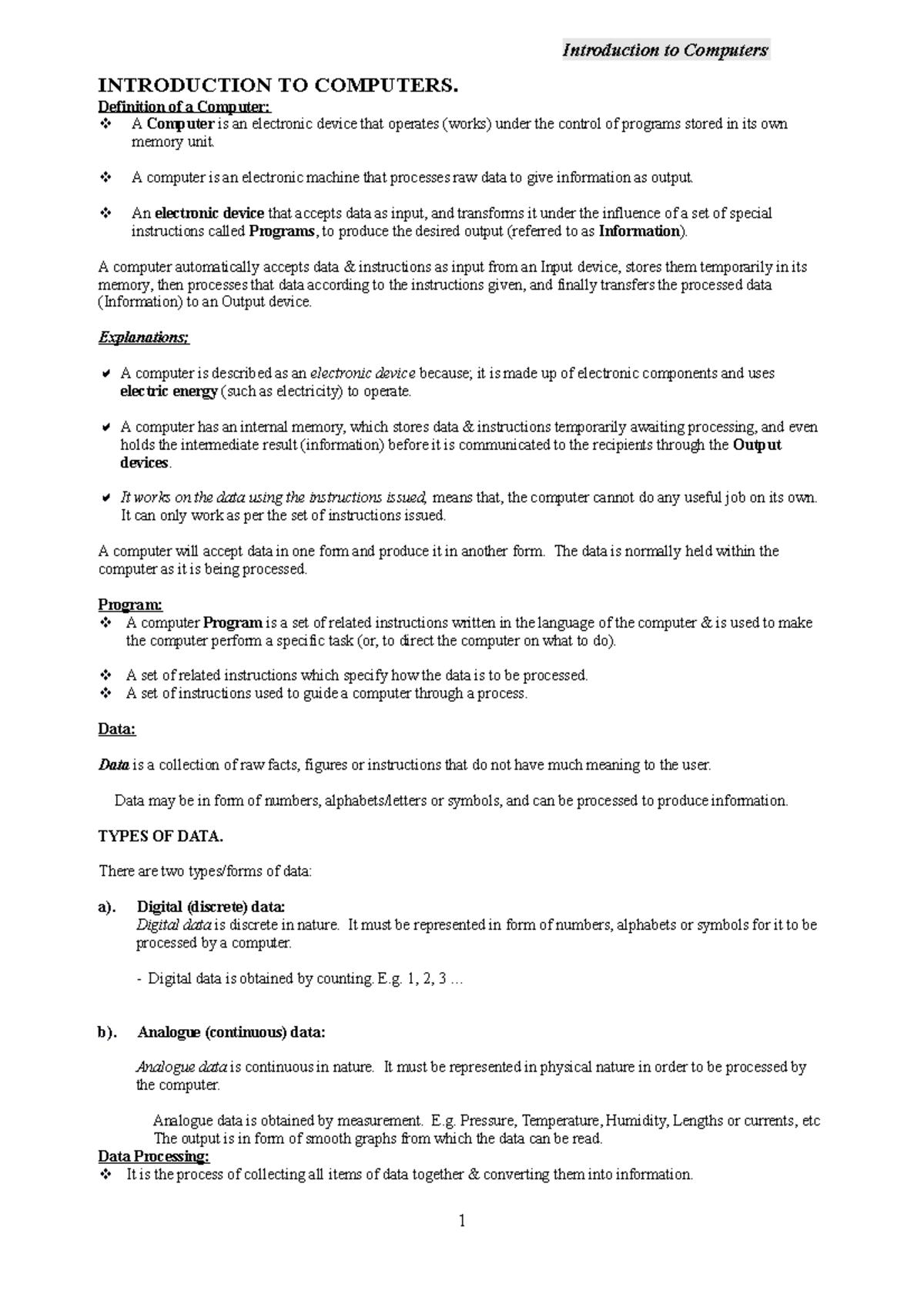 Ict notes - INTRODUCTION TO COMPUTERS. Definition of a Computer: A ...