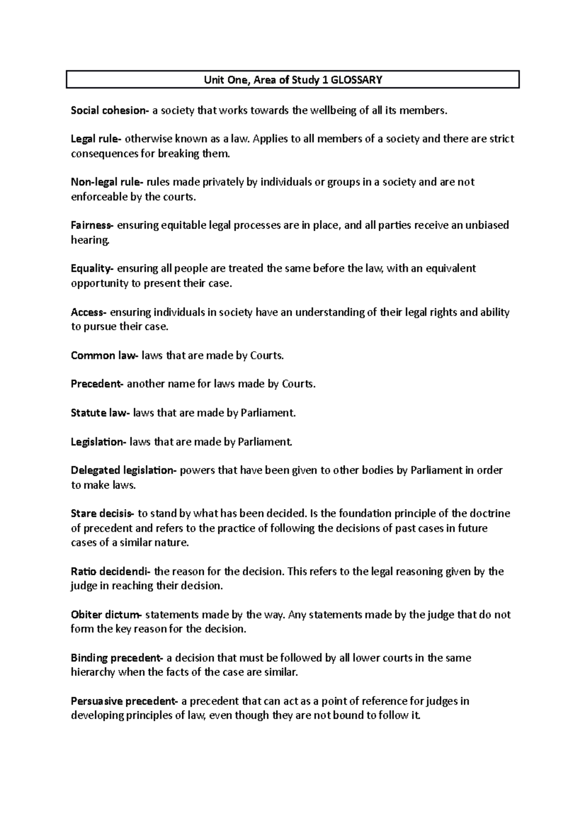 Unit 1, AOS 1 glossary terms for legal - Unit One, Area of Study 1 ...