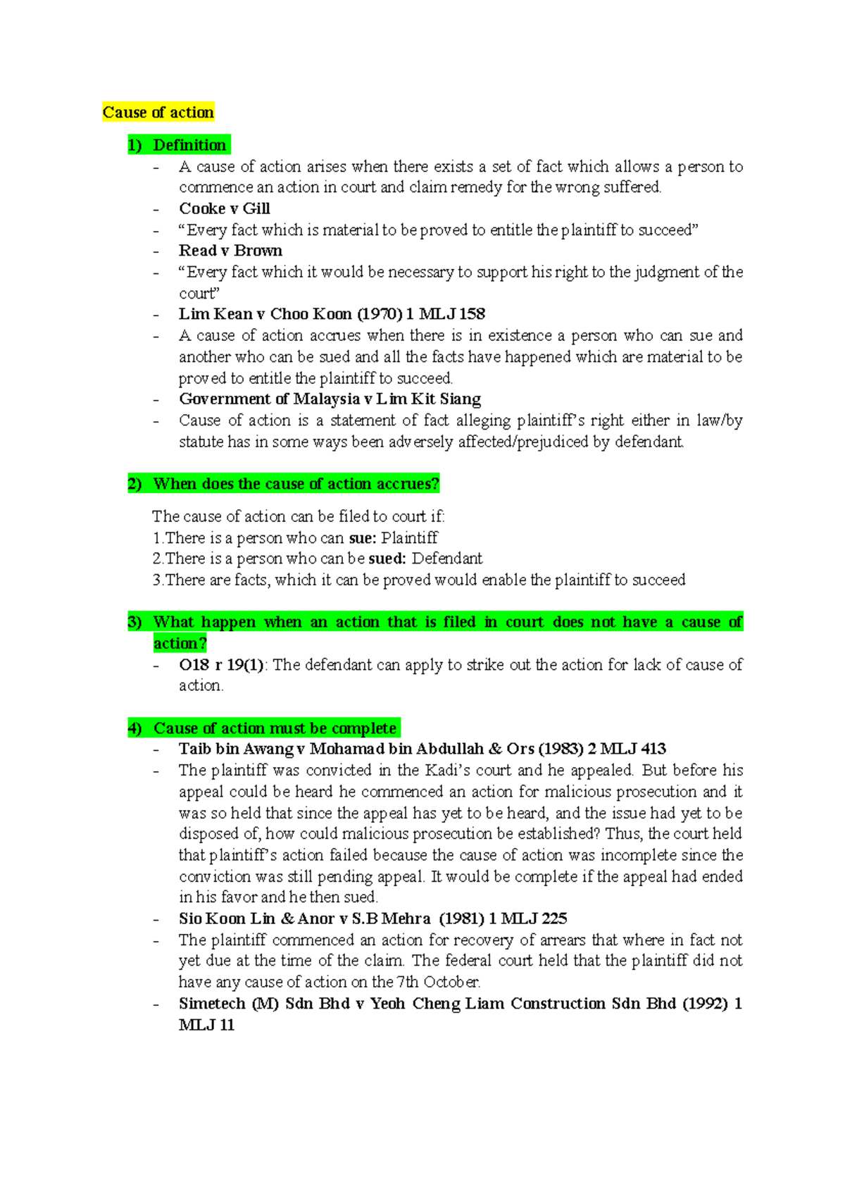 Cause of action and it's limitations Cause of action 1) Definition