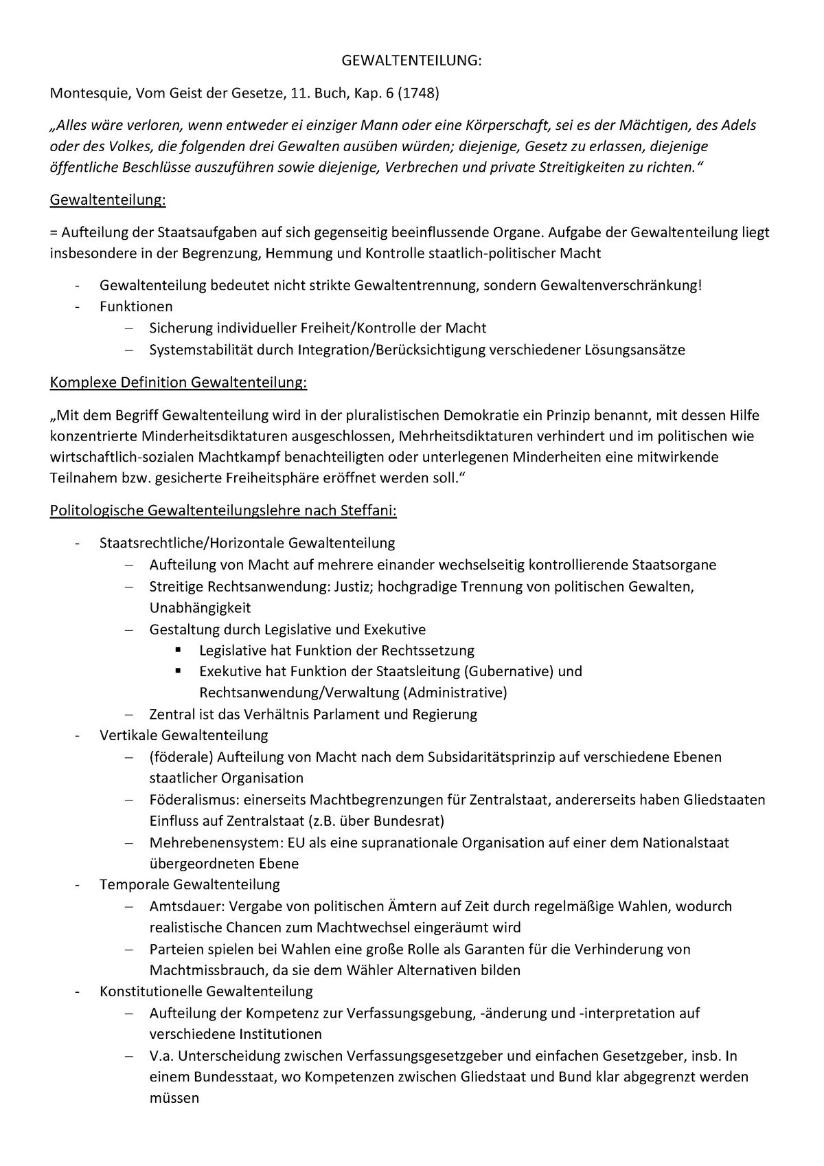 Gewaltenteilung - Zusammenfassung - GEWALTENTEILUNG: Montesquie, Vom ...