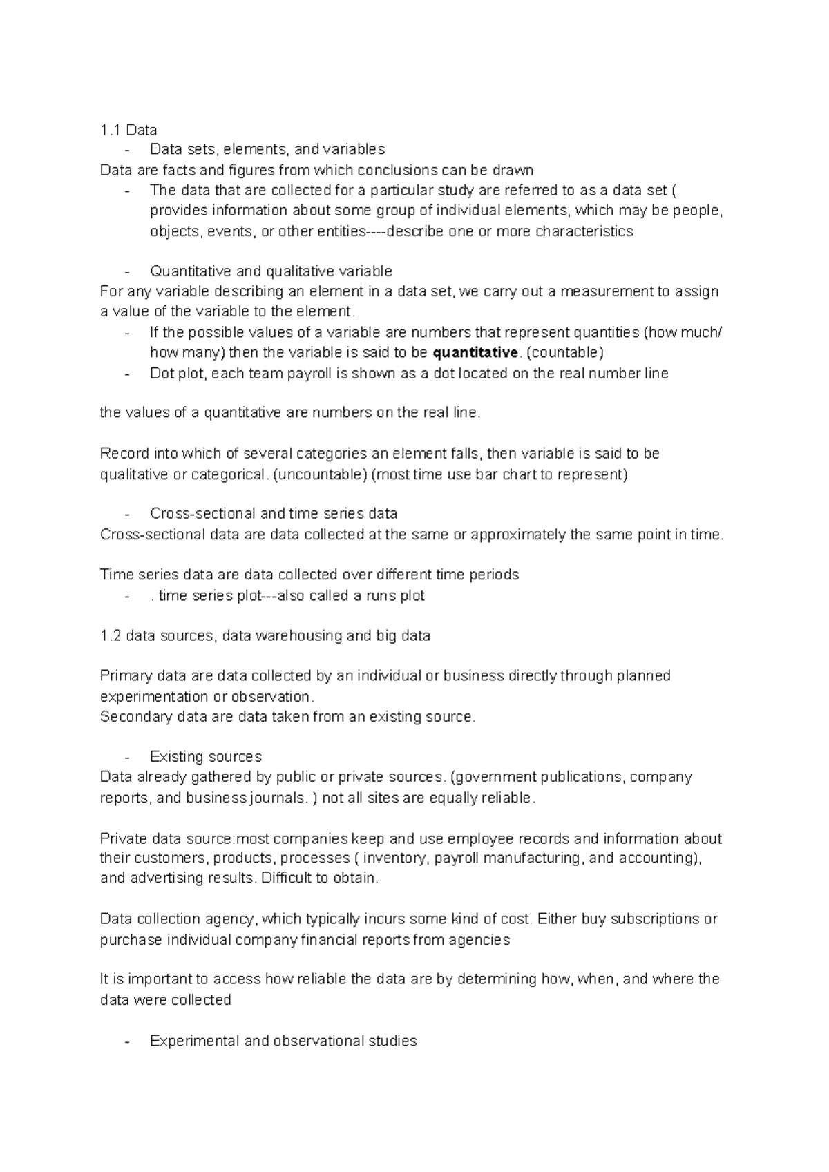 Chapter 1 Note - NOTE - 1 Data - Data sets, elements, and variables ...
