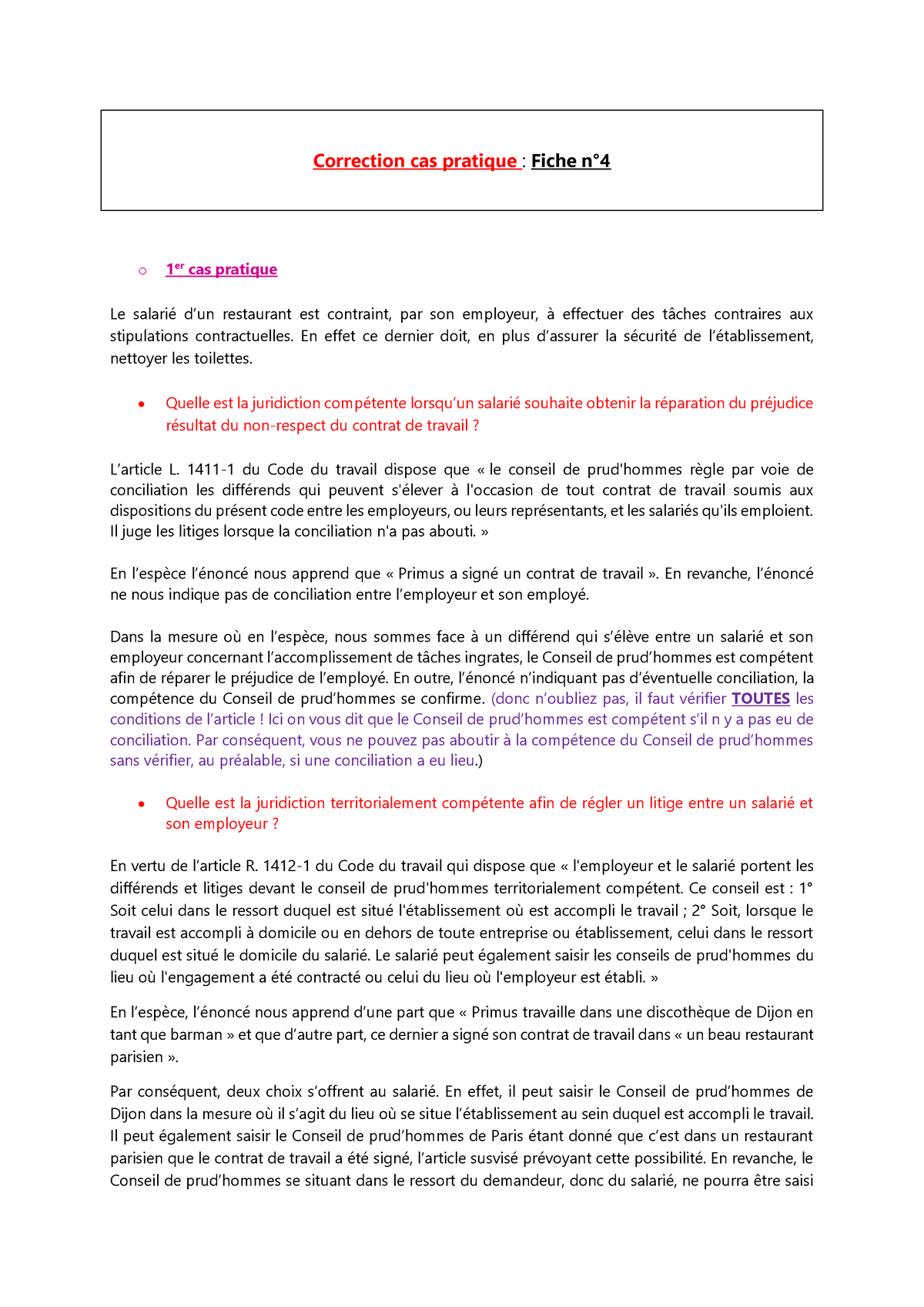 CAS Pratique Seance 4  Correction cas pratique  Fiche n°4 o 1er cas