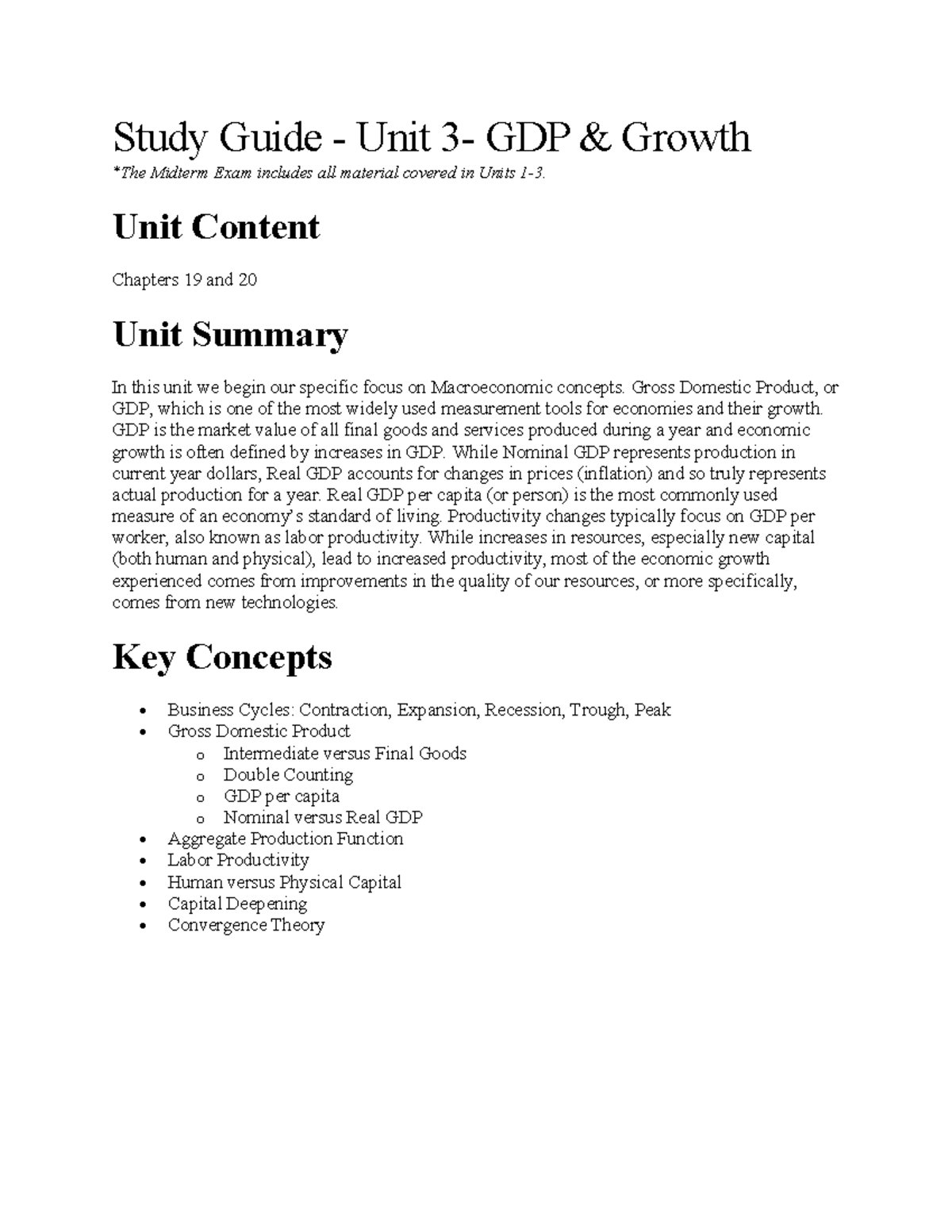 Unit 3 Study Guide Study Guide Unit 3 GDP & Growth *The Midterm