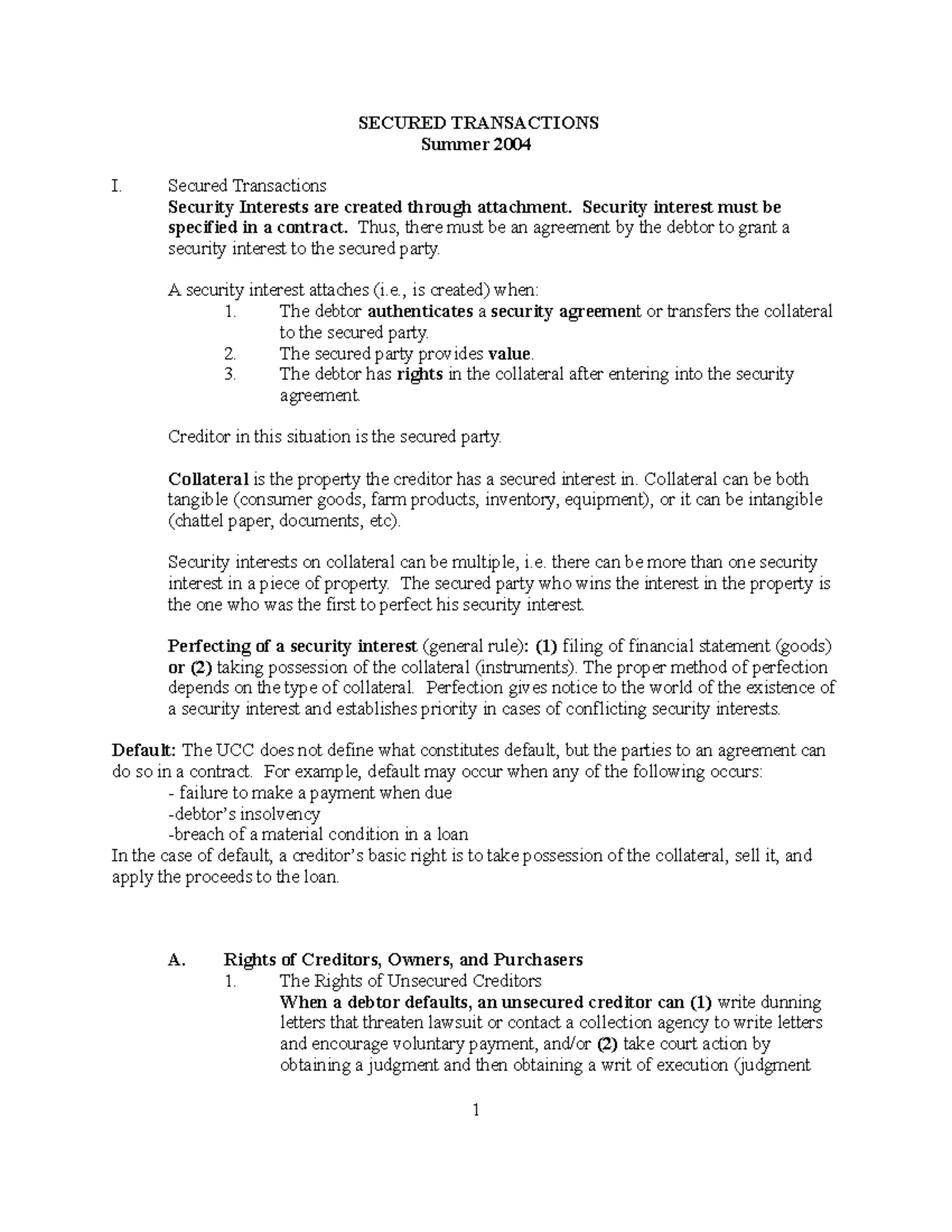 Secured Transactions Outline III - SECURED TRANSACTIONS Summer 2004 I ...