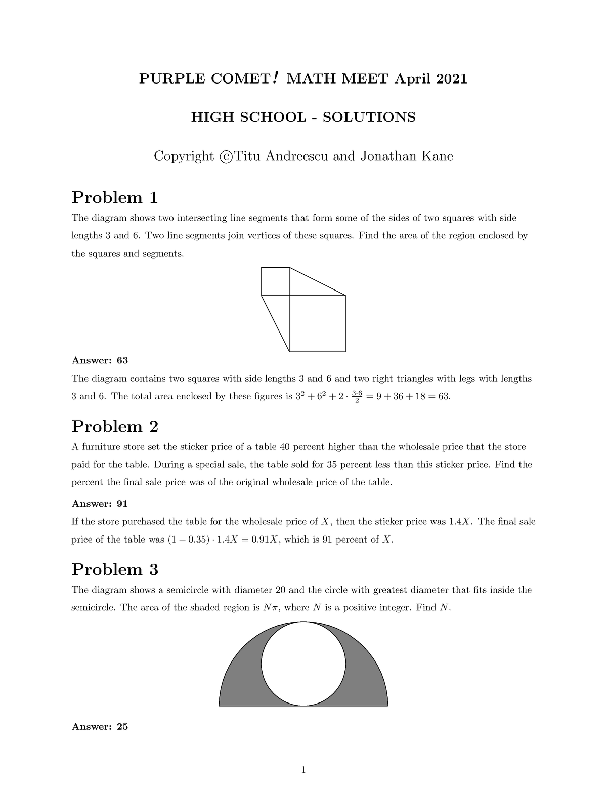 2021HSSolutions SOLUTIONS TO PURPLE COMET PURPLE COMET! MATH MEET