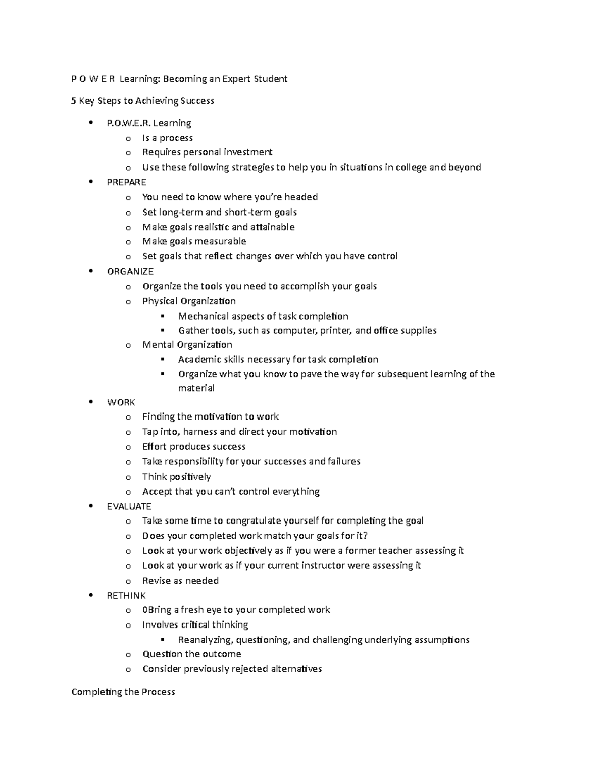 P O W E R Learning Week ones lectures note part 3 for second lecture