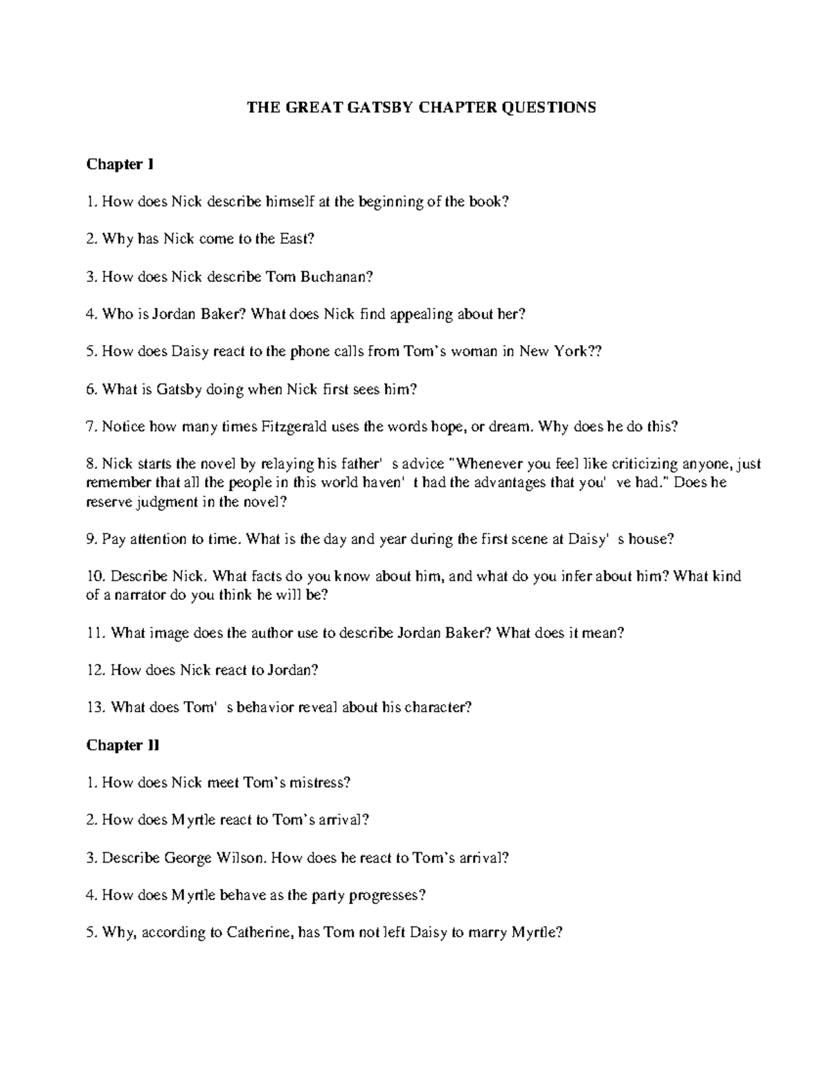 The Great Gatsby Chapter Questions[ 3293] THE GREAT GATSBY CHAPTER