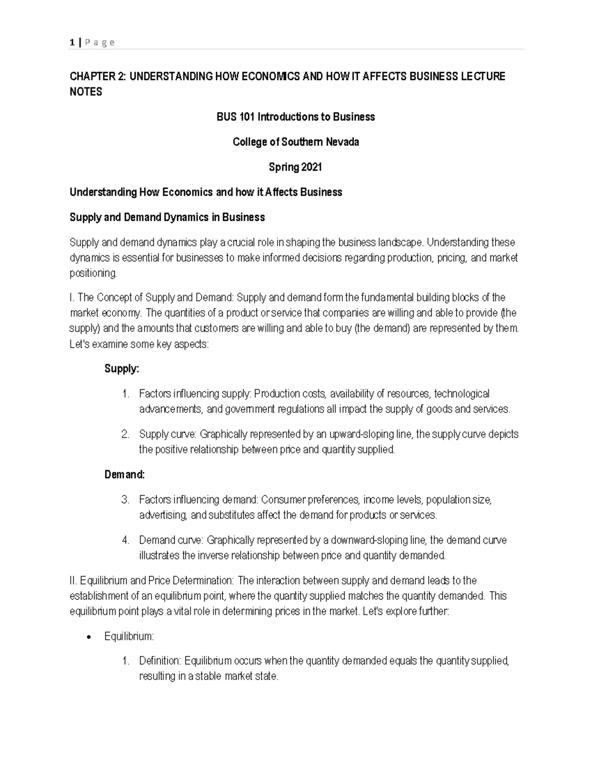 BUS 101 Chapter 2 Lecture Notes Understanding How Economics and how it ...