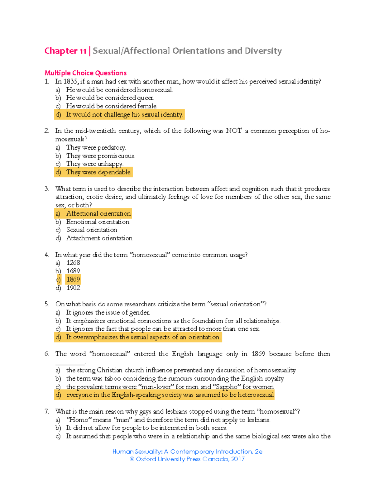 Chapter 11 Practice Questions Human Sexuality A Contemporary