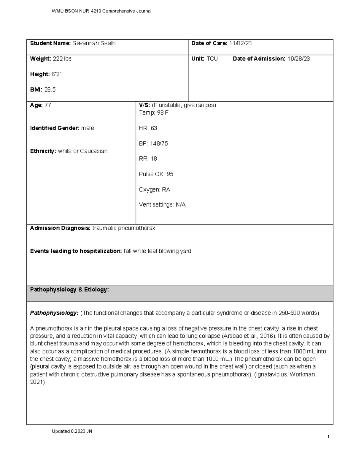 Comprehensive journal NUR 4210 - Student Name: Savannah Seath Date of ...