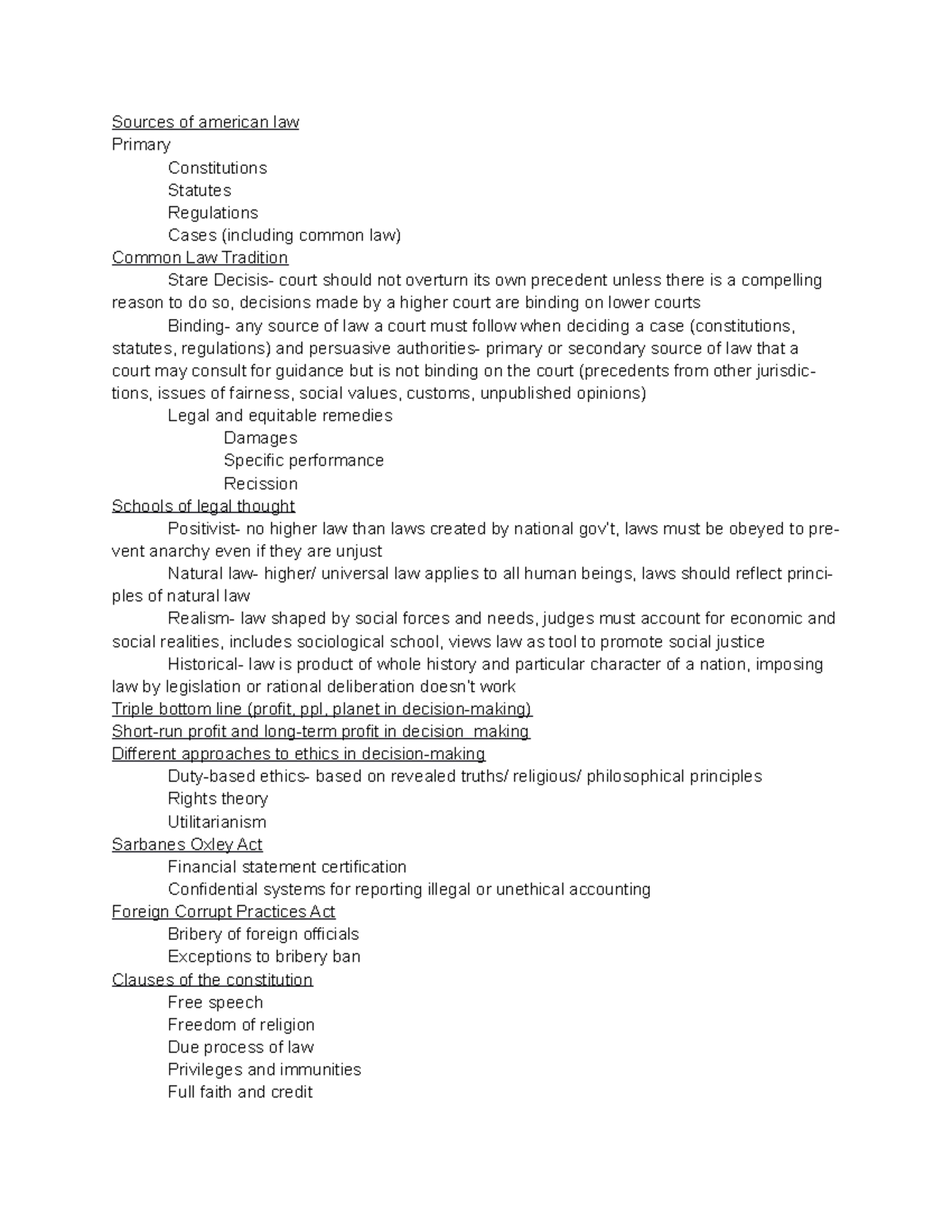 Law 250 notes Sources of american law Primary Constitutions Statutes